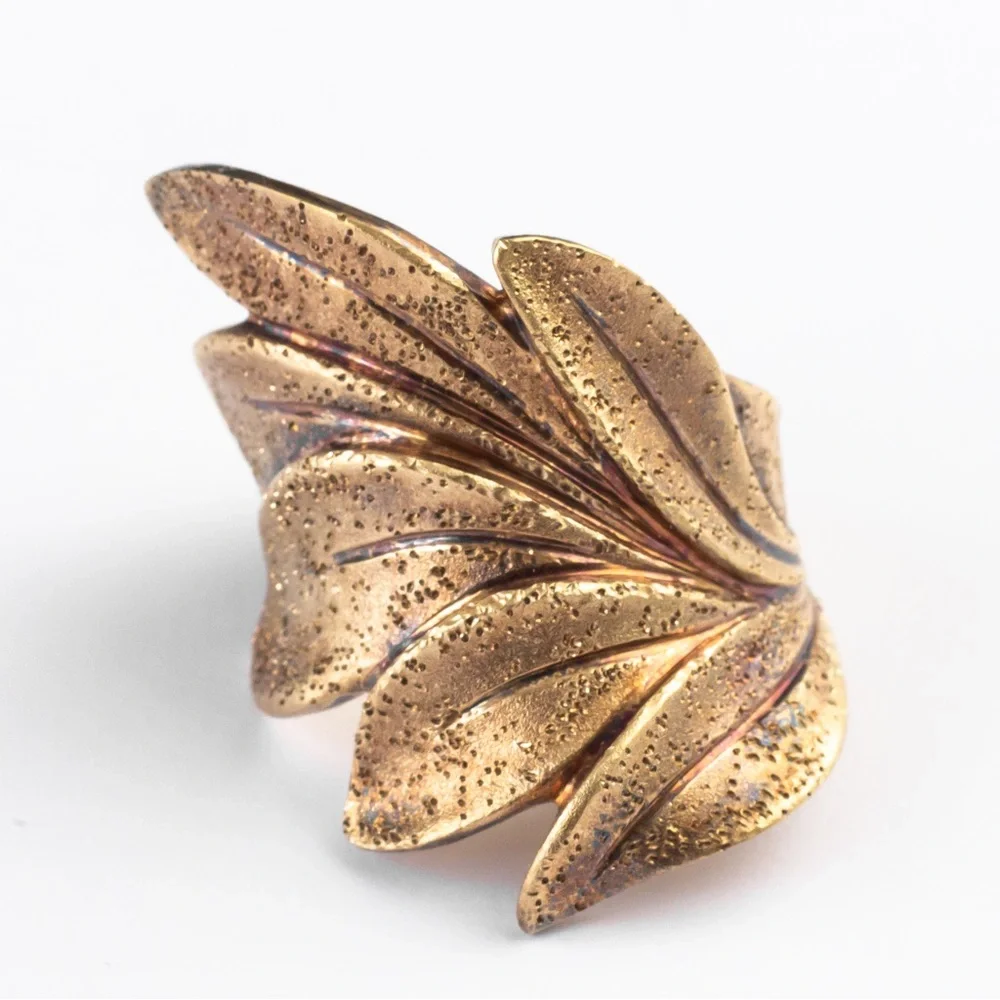 18K yellow gold over sterling silver textured leaf wrap ring 10